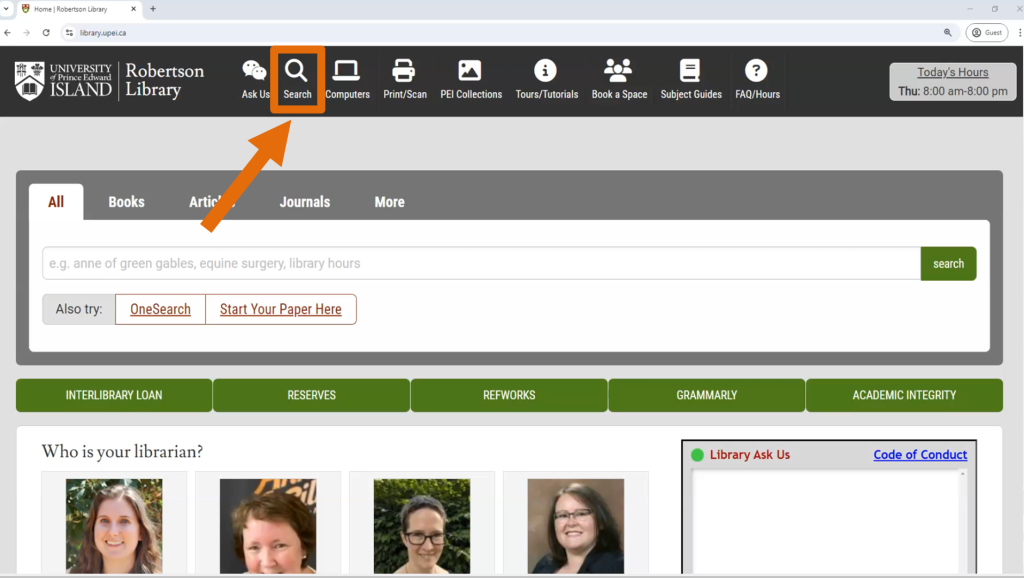 Search Icon is on top of the page, in between AskUS and Print/Scan icon.