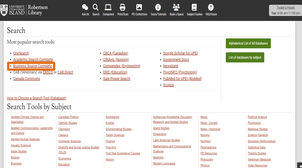 Business Source Complete link is on the left side of the page, below Academic Source Complete, above CAB (Veterinary).