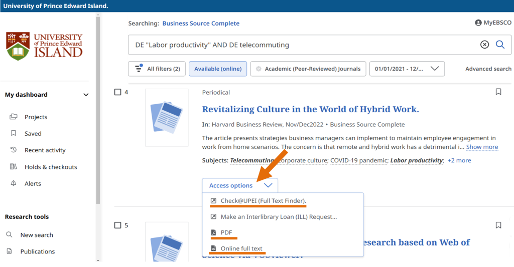 Arrow pointing to the Access options. Check@UPEI, PDF, and Online full text are underlined