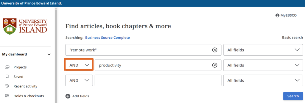 The first search box has the phrase remote work in quotation marks and the second box has the word productivity.